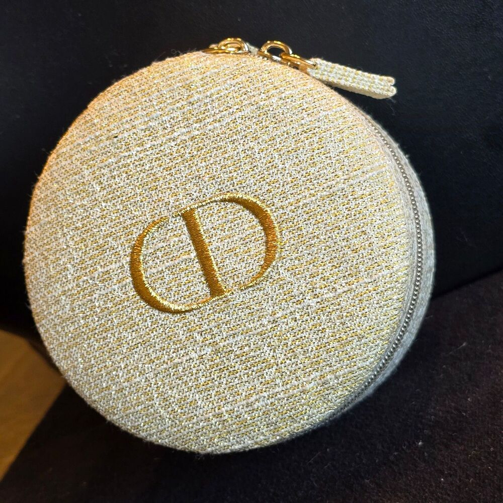 Dior cosmetic case bag Christian Dior round zipper closure cream and gold stitch